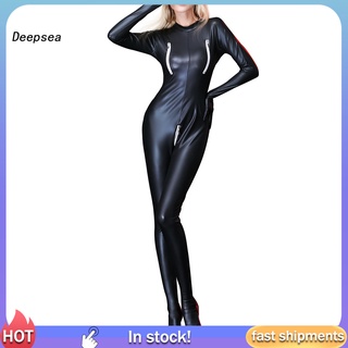 dpa sexy mujer catsuit wet look de cuero sintético cremallera abierta ingle body clubwear