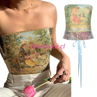 THIS Women Sexy Strapless Bustier Crop Top Retro European Painting Print Corset Bandeau Criss Cross Lace-Up Backless Aesthetic Tube Top Clubwear
