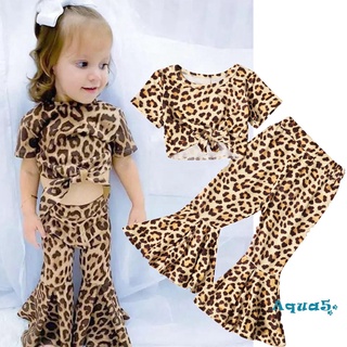 Aqq-2 piezas trajes de verano para bebés, bebé niñas leopardo manga corta cuello redondo nudo camiseta + pantalones acampanados
