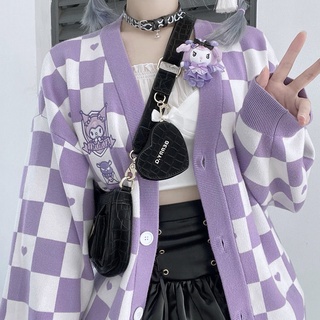 My Melody Kawaii Japonés Harajuku Cinnamon Perro Kuromi JK suéter suelto tablero de ajedrez dulce linda chaqueta de punto (7)