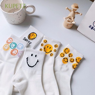 KUPETZ Kawaii Mid-tube sock Soft Female Hosiery Smiley Socks Cute Stripe Sweet Cotton Embroidered Breathable College style socks