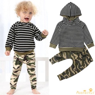 Pft7-Zz conjunto de ropa de bebé niños, rayas con capucha de manga larga Top + camuflaje pantalones largos otoño trajes