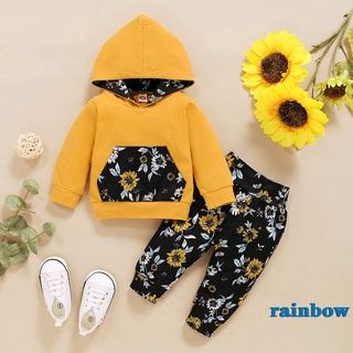 RAINBOW-2Pcs chándal para niños pequeños, empalme Floral con capucha de manga larga sudadera + pantalones de cintura alta para niñas, 0-18 meses