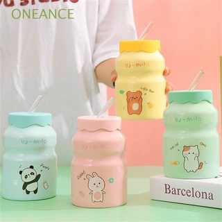 ONEANCE Cute Mug With Straw Creative Ceramic Cup Milk Coffee Cup Portable Students Outdoor Home Sports Camping