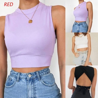 RED Women Sleeveless O-Neck Crop Top Sexy Cutout Wrap Backless Slim Cami Vest Lace-Up Bandage Solid Color Ribbed Tank Top
