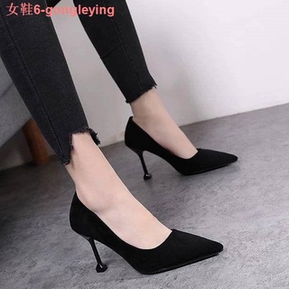 Mujer s otoño 2020 nueva versión de todo-partido negro gamuza tacones altos puntiagudo del dedo del pie puntiagudo stiletto tacón medio profesional zapatos de trabajo tacón gato