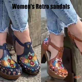 Women's PU Flowers Design Shoes Vintage Style Sandals Lady Peep Toe Thick Heel Dress Shoes