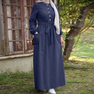 ZANZEA Women Casual Denim Elastic Cuffs Belted Muslim Long Dress (5)