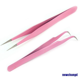 2 pinzas de acero rosa recta + curva para extensiones de pestañas, pinzas de arte de uñas