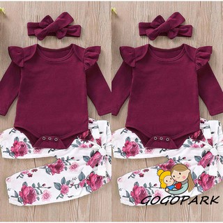 3 piezas (3m-24m) bebé niñas manga larga mameluco tops+pantalones florales+diadema conjunto (1)