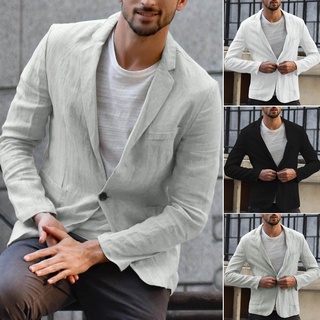 [QSDALEN] hombre Slim Fit mezcla de lino bolsillo sólido manga larga trajes Blazer chamarra Outwear (1)
