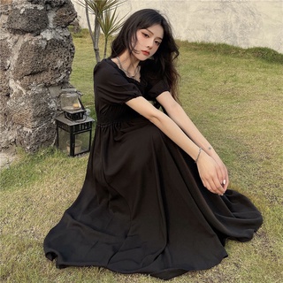 negro de talle alto vestido de cuello cuadrado para las mujeres con gran cortina y cintura falda larga (2)