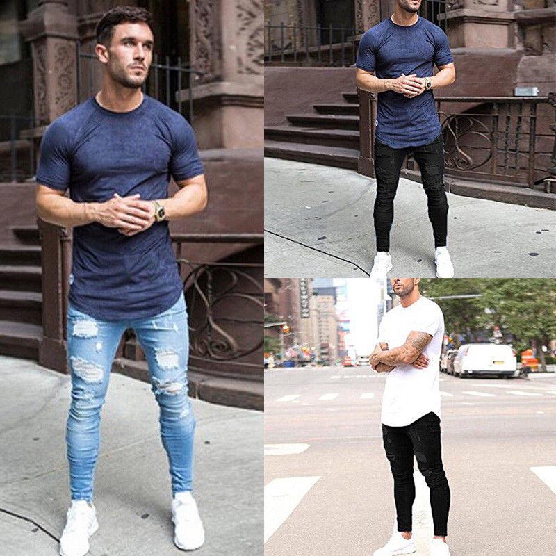 2020 angustiado rasgado agujeros Skinny Jeans hombres Streetwear hombres Jeans pantalones vaqueros de los hombres Hip Hop pantalones de los hombres pantalones vaqueros azules
