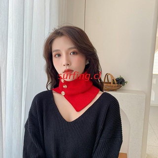 SURF Women Winter Buttons Decorative Turtleneck False Fake Collar Vintage Solid Color Knitted Warm Circle Scarf Windproof Stretchy Infinity Neck Warmer