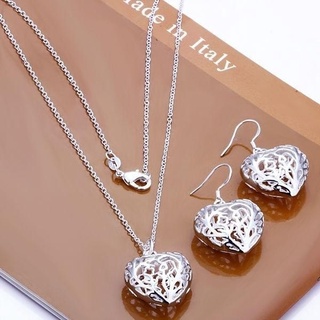 925 plata corazón hueco conjuntos de joyería con pendientes y collar en venta para las mujeres al por mayor