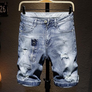 [spot] Pantalones cortos de cinco puntos ajustados de color claro rasgados para hombre pantalones elásticos de cinco puntos de tendencia
