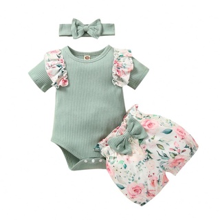 ➹-Mameluco de manga corta para bebé + pantalones cortos + diadema de arco, estampado de flores, decoración de volantes, ropa de verano (1)