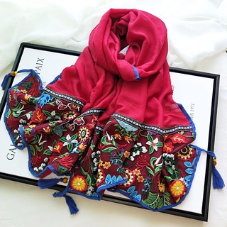 nuevo estilo étnico chal bufanda mujer verano lijiang viaje algodón y lino retro floral bordado bufanda de seda sp