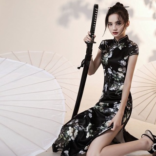 Negro cheongsam 2021 nuevo y mejorado estilo chino joven estilo largo de alta gama elegante vestido femenino verano cheongsam vestido
