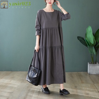 yasir023 Women Dress Cotton And Linen Loose Solid Color Mid-length Long-sleeve Dress