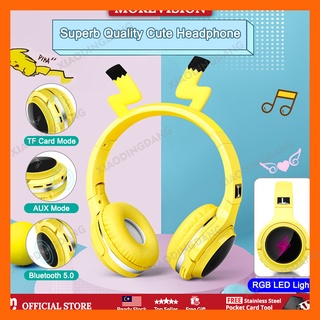 Lindo Pikachu Bluetooth auriculares inalámbricos con micrófono niños plegable LED de dibujos animados serie auriculares inalámbricos estéreo niños auriculares deporte música auriculares niño niña juegos auriculares para Smartphone amarillo