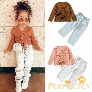 Pft7-kid niña traje de moda Color sólido cordón de manga larga Tops y pantalones de mezclilla