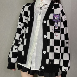 My Melody Kawaii Japonés Harajuku Cinnamon Perro Kuromi JK suéter suelto tablero de ajedrez dulce linda chaqueta de punto (4)