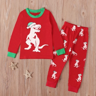 [XHSA]-Toddler Kids Baby Boys Christmas Cartoon Dinosaur Tops Pants Pajamas Sleepwear