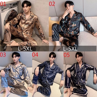 Los hombres más el tamaño de L-5XL de seda satén pijamas conjunto de niños masculino Baju Tidur ropa de hogar trajes de manga larga ropa de dormir pijama ropa de dormir traje