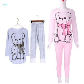 Conjunto De Pijama para mujer Camisa Manga larga estampada oso+pantalones leggings a rayas
