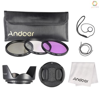 andoer kit de filtro de 58 mm (uv+cpl+fld) + bolsa de transporte de nailon, tapa de lente, soporte de tapa de lente, capucha de lente, paño de limpieza de lente
