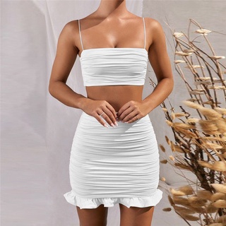 Summer 2020 Women Set Spaghetti Strap Crop Top White Sexy And Mini Bodycon Skirt Ruffles Party Outfit Club Two-piece Sets (3)