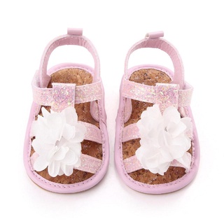 ☽Wj❀Zapatos planos antideslizantes para bebés, diseño de flores y lentejuelas, sandalias de suela suave para niñas, blanco/gris/rosa (6)