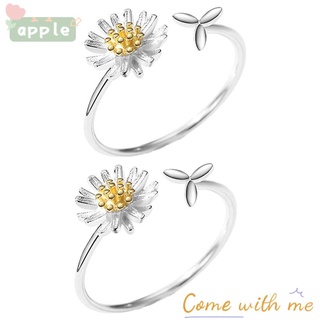 apple 2 piezas anillos de dedo de moda joyería regalo boda fiesta margarita flor anillos mujeres color plata ajustable simple apertura anillos