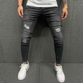 Hombres negro agujero flaco moda Retro Casual Denim Jeans pantalones