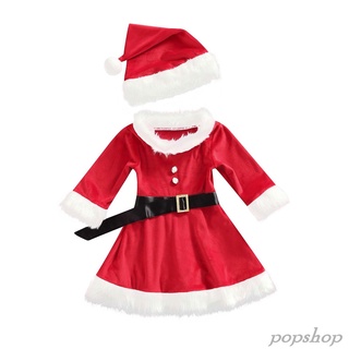 Pop niñas conjunto de falda de navidad, esponjoso costura cuello barco vestido de manga larga + sombrero + cintura traje de cinturón para niños, 1-5 años (7)