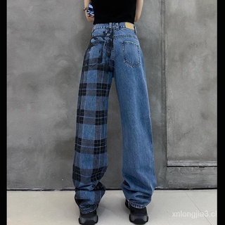 🙌 2021 primavera y otoño personalidad hip-hop costura celosía slim pierna recta pantalones mujeres s fumar pipa pantalones de contraste color de cintura alta jeans para hombres y mujeres RwOw
