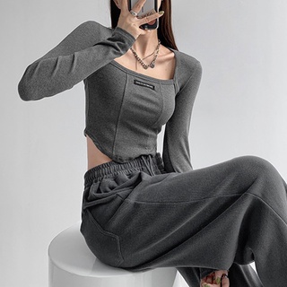 MBON Crop Tops Manga Larga Camisetas Irregulares Estilo Coreano Mujer Slim