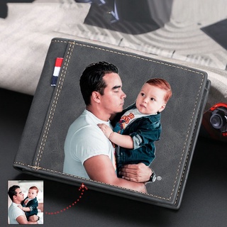 Personalizado día del padre de los hombres corto pequeño cartera de cuero de la PU Bifold multifuncional titular de la tarjeta personalizada foto regalos de cumpleaños
