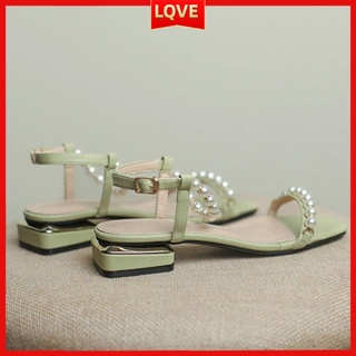 Lqve mujeres sandalias de verano con una palabratemperamento romano zapatos WomenChunky tacón perla tacón bajo zapatos de las mujeres