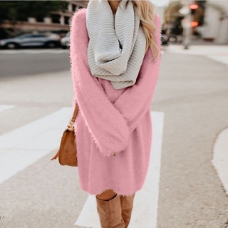 huanan otoño invierno cálido color sólido cuello redondo manga larga suéter de las mujeres mini vestido (5)