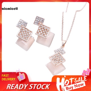 MIC_ Women Rhinestone Opal Squares Shape Pendant Chain Necklace Earrings Jewelry Set