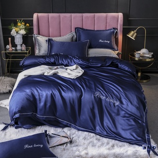 Heureux juego de sábanas 4 en 1 de seda+funda de edredón+funda de almohada individual queen king size color azul liso