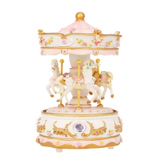 Bf Mini carrusel reloj caja de música colorida LED Merry-go-round caja Musical para novia niños niños Festival de navidad rosa