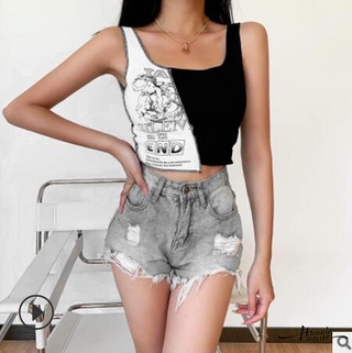 Only camiseta Sexy para mujer, moda letra impresión Color bloque sin mangas costilla punto Crop Top