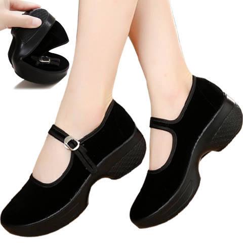 Kasut Wanita señoras mujeres trabajo Casual lona negro cuña zapatos plataforma zapatos