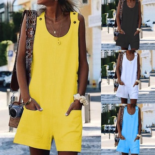 las mujeres de la moda de verano sin mangas de color sólido mono de lino cuello v bolsillos cortos peleles de playa