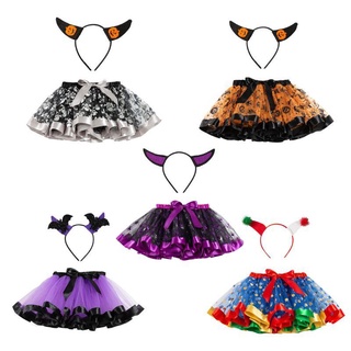 Wit 5 colores niños niñas hinchadas volantes tutú falda con payaso cuerno de buey diadema Ballet danza Pettiskirt Halloween fiesta disfraz