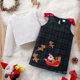Cht-girl ́s traje de dos piezas de manga larga Tops + patrón de alce bordado a cuadros falda general para fiesta de navidad