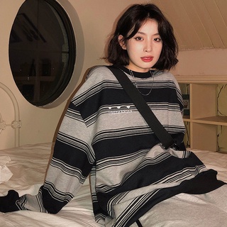 Vintage cuello redondo suelto Hong Kong raya suéter de manga larga